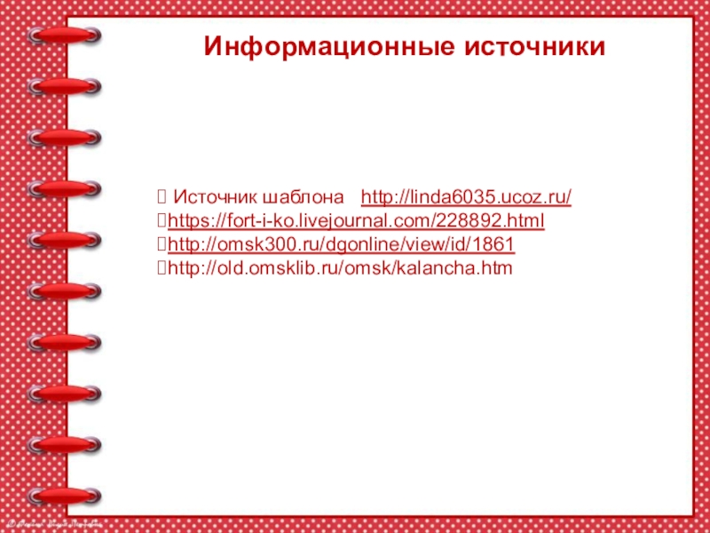 Информационные источники Источник шаблона  http://linda6035.ucoz.ru/ https://fort-i-ko.livejournal.com/228892.htmlhttp://omsk300.ru/dgonline/view/id/1861http://old.omsklib.ru/omsk/kalancha.htm