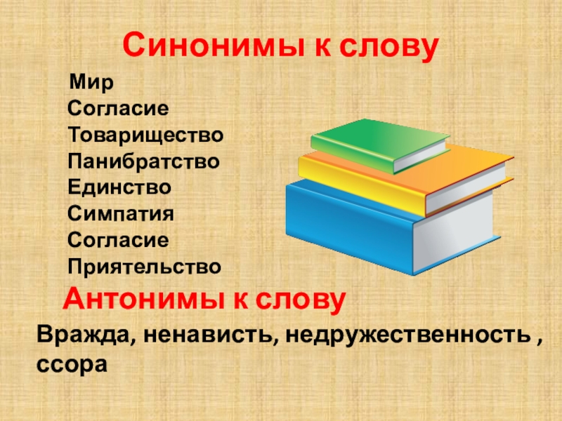 Синонимы к слову Мир Согласие Товарищество Панибратство Единство Симпатия Согласие ПриятельствоАнтонимы к словуВражда, ненависть, недружественность ,ссора