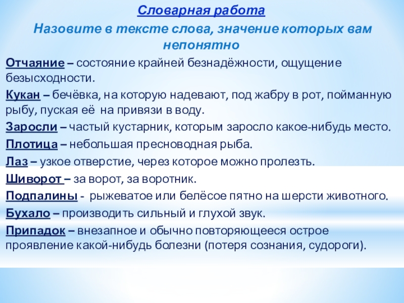 Словарная работа Назовите в тексте слова, значение которых вам непонятноОтчаяние – состояние крайней безнадёжности, ощущение безысходности.Кукан –