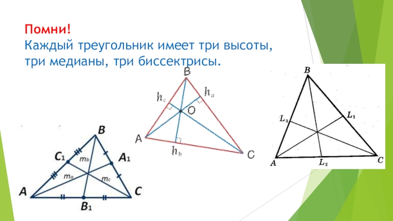 Провести три медианы в треугольнике. 3 Треугольника с медианой биссектрисой и высотой. 3 Биссектрисы 3 Медианы 3 высоты в треугольнике. Треугольник с тремя медианами биссектрисами и высотами. Биссектриса и высота треугольника.