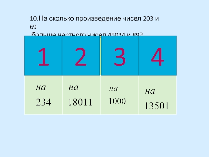 10.На сколько произведение чисел 203 и 69 больше частного чисел 45034 и 89?1234