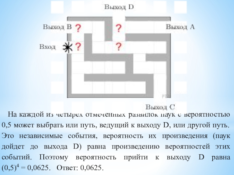 На каждой из четырех отмеченных развилок паук с вероятностью 0,5 может выбрать или путь, ведущий к выходу