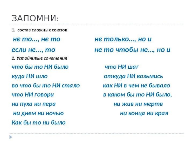 Союзы в составе сложного. Правописание сложных союзов. Устойчивые сочетания с не и ни. Правописание не в составе сложных союзов. Если не Союз.