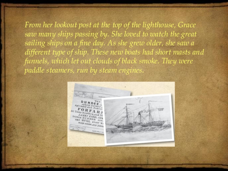 From her lookout post at the top of the lighthouse, Gracesaw many ships passing by. She loved