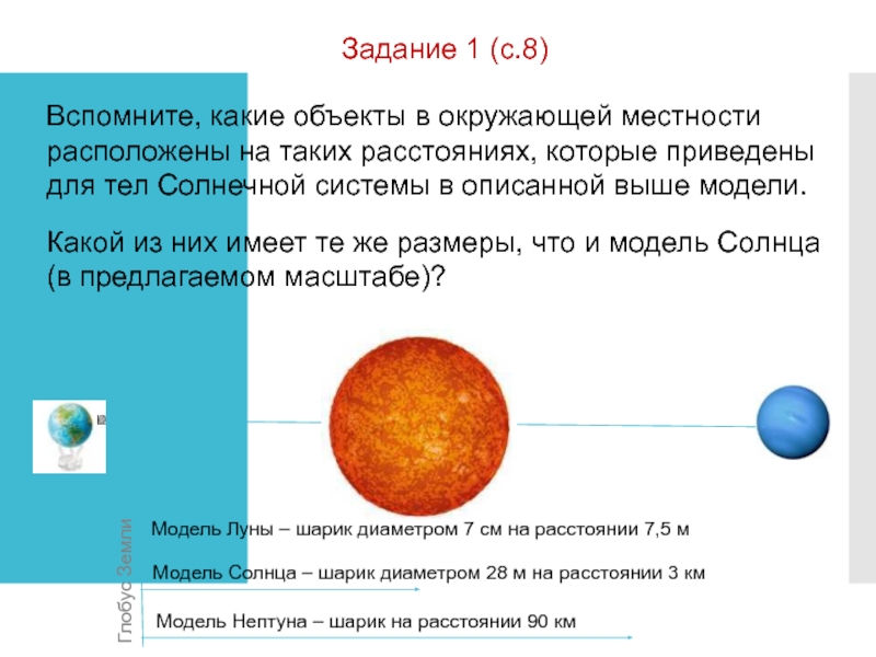 Задание 1 (с.8)Модель Луны – шарик диаметром 7 см на расстоянии 7,5 мМодель Солнца – шарик диаметром