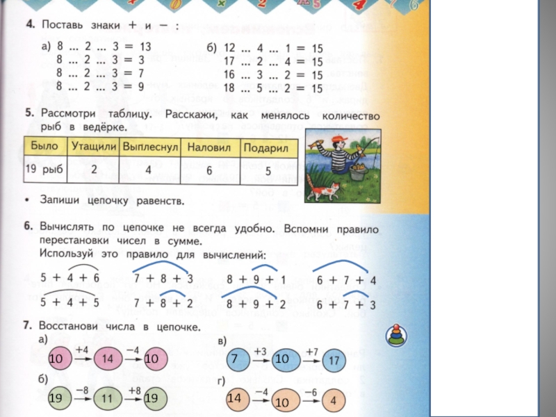 Башмакова математика 3. Цепочка равенств. Рассмотри таблицу 1 класс. Как записать четверть числа р. Расскажи как менялось количество рыб в ведерке.