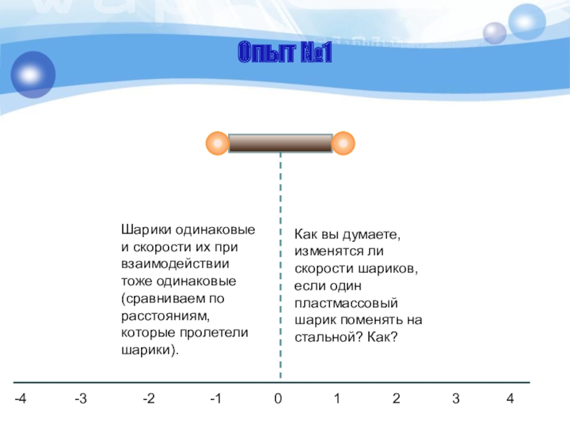 Опыт №1Шарики одинаковые и скорости их при взаимодействии тоже одинаковые (сравниваем по расстояниям, которые пролетели шарики).-4