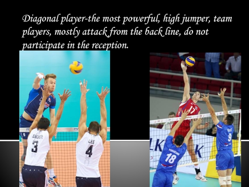Diagonal player-the most powerful, high jumper, team players, mostly attack from the back line, do not participate