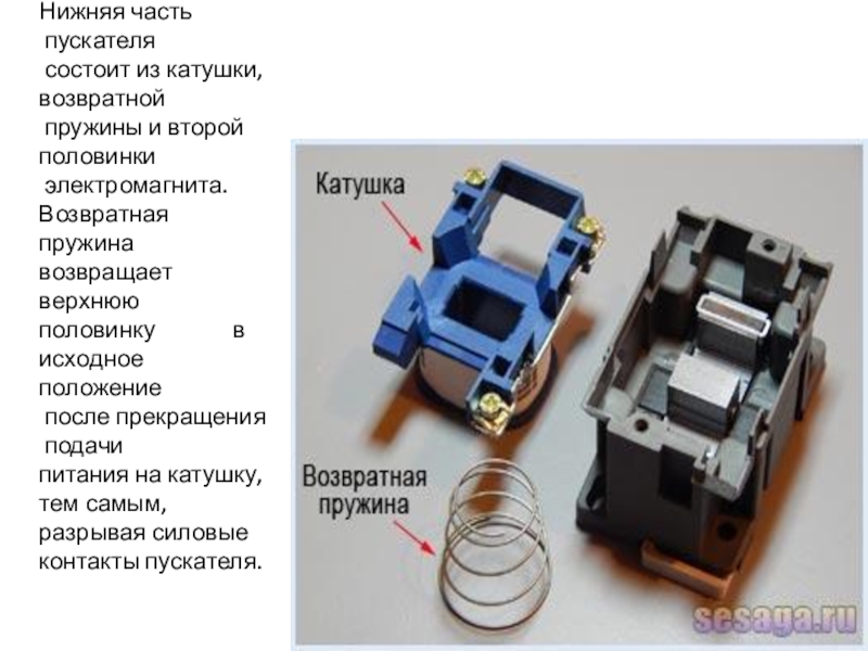 Контакты катушки магнитного пускателя. Элементы защиты катушки пускателя. Нижняя часть пускателя. Нижняя часть контактор. Возвратная пружина контактора.