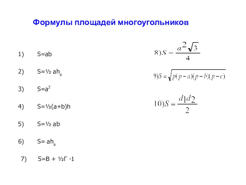 Формулы площадей многоугольниковS=abS=½ ahaS=a2 S=½(a+b)hS=½ abS= aha 7)   S=B + ½Г -1