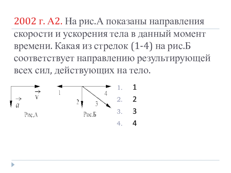 На рисунке представлены направления векторов скорости и ускорения мяча какое из направлений