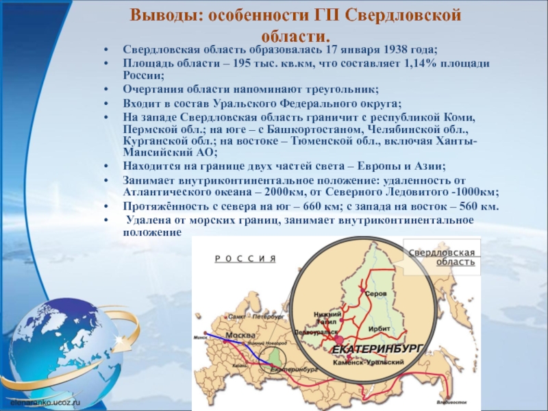 Выводы: особенности ГП Свердловской области.Свердловская область образовалась 17 января 1938 года;Площадь области – 195 тыс. кв.км, что