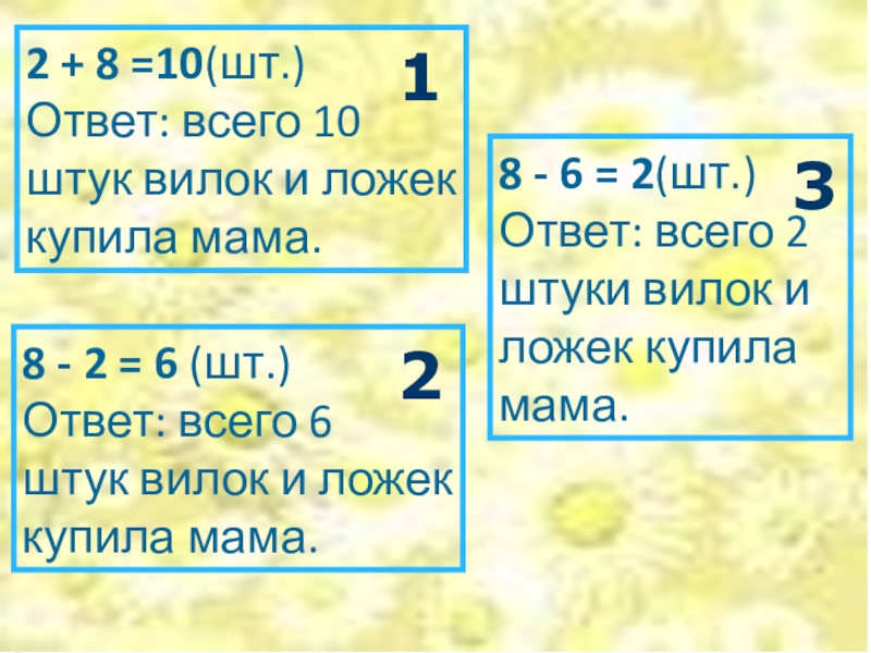 2 + 8 =10(шт.) Ответ: всего 10 штук вилок и ложек купила мама.2 + 8 =10(шт.) Ответ: