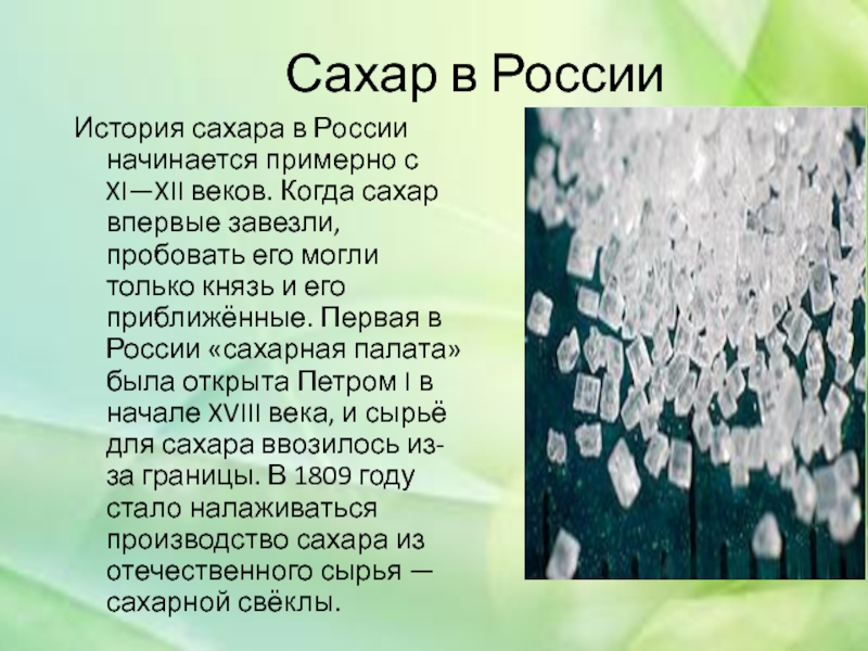 Сахар в РоссииИстория сахара в России начинается примерно с XI—XII веков. Когда сахар впервые завезли, пробовать его
