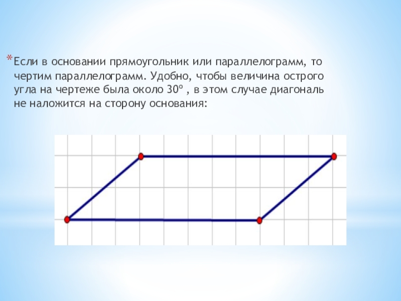 Если в основании прямоугольник или параллелограмм, то чертим параллелограмм. Удобно, чтобы величина острого угла на чертеже была
