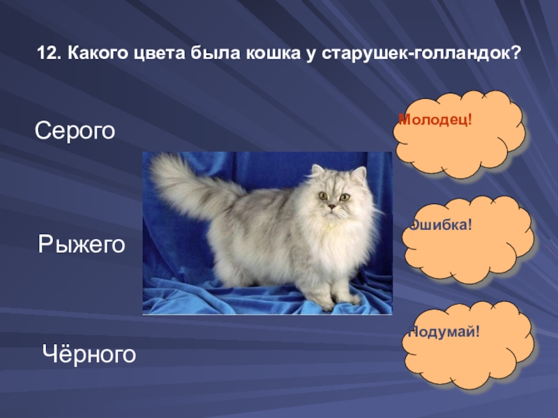 12. Какого цвета была кошка у старушек-голландок?Серого Рыжего Чёрного Молодец!Ошибка!Подумай!