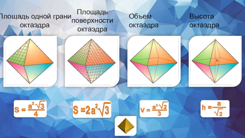 Площадь поверхности октаэдра равна. Формула для нахождения площади октаэдра. Площадь поверхности октаэдра. Рлощадт поверхносьи октаэдр. Площадь gjdth[yjcnbоктаэдра.