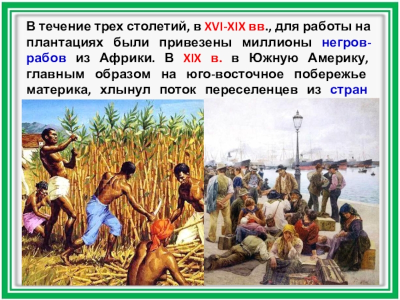 В течение трех столетий, в XVI-XIX вв., для работы на плантациях были привезены миллионы негров-рабов из Африки.