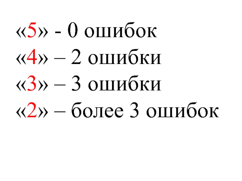 «5» - 0 ошибок«4» – 2 ошибки«3» – 3 ошибки «2» – более 3 ошибок