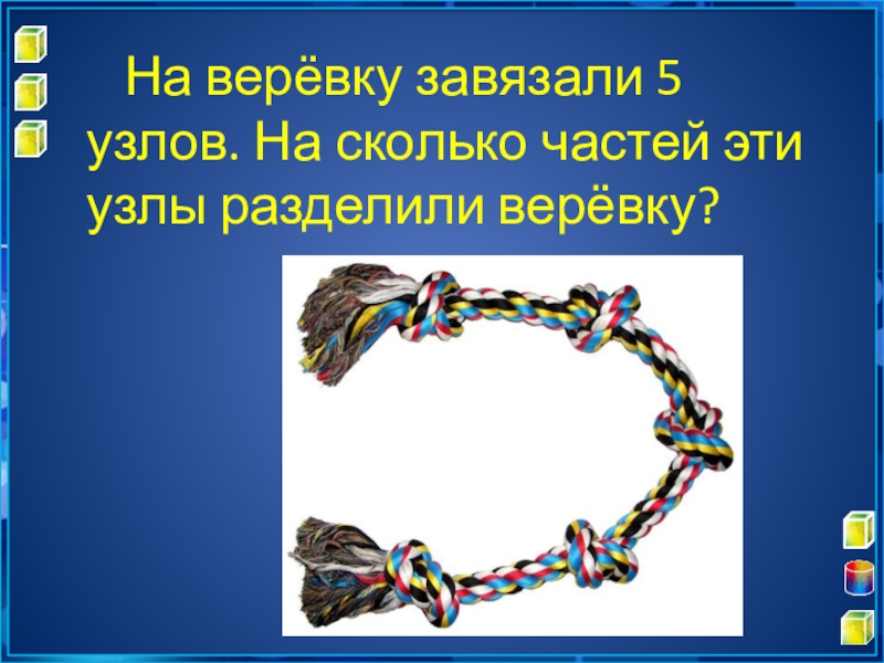 Сколько узелков. Веревка с пятью узлами. На верёвке завязали 5 узлов на сколько частей разделили веревку. На сколько частей надо разделить веревку. Сколько узлов надо завязать на верёвке, чтобы разделить её на 5 частей?.