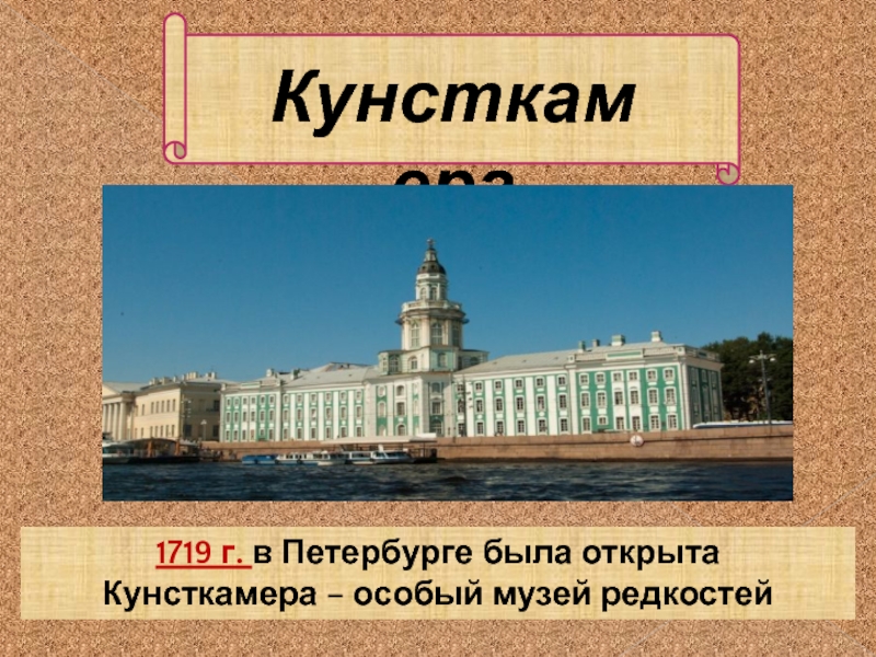 Кунсткамера1719 г. в Петербурге была открытаКунсткамера – особый музей редкостей