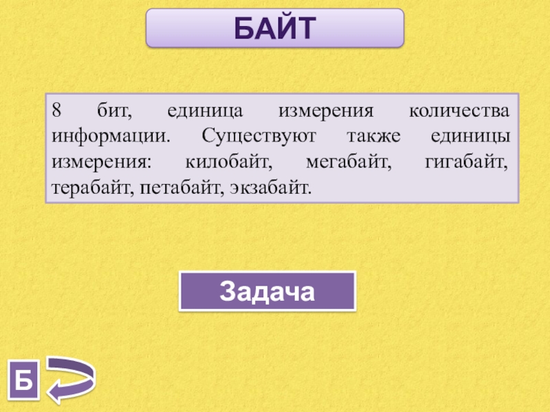 ББайтЗадача8 бит, единица измерения количества информации. Существуют также единицы измерения: килобайт, мегабайт, гигабайт, терабайт, петабайт, экзабайт.