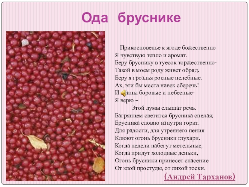 Ода  бруснике 	Прикосновенье к ягоде божественно Я чувствую тепло и аромат. Беру бруснику в туесок торжественно-