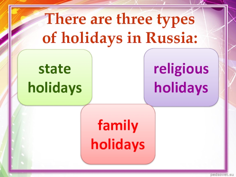 There are three types of holidays in Russia: state holidays religious holidaysfamily holidays