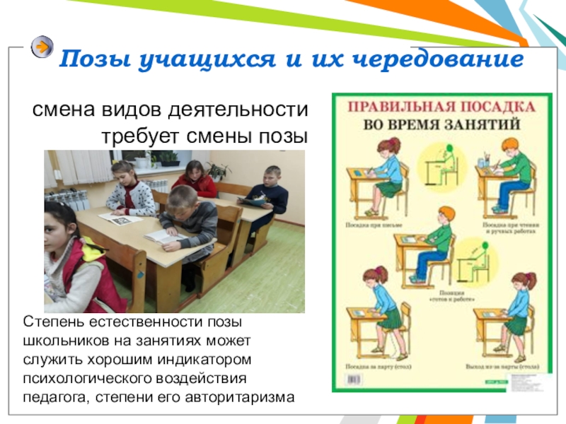 Виды активности школьников. Позы учащихся. Позы учащихся в начальной школе. Смена видов деятельности на уроке. Чередование видов деятельности на уроке в начальной школе.