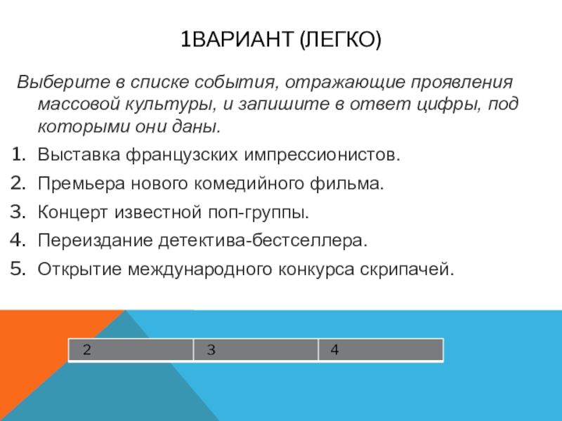 1вариант (легко)Выберите в списке события, отражающие проявления массовой культуры, и запишите в ответ цифры, под которыми они