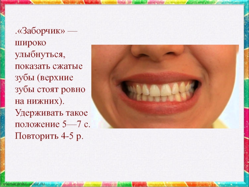 .«Заборчик» — широко улыбнуться, показать сжатые зубы (верхние зубы стоят ровно на нижних). Удерживать такое положение 5—7