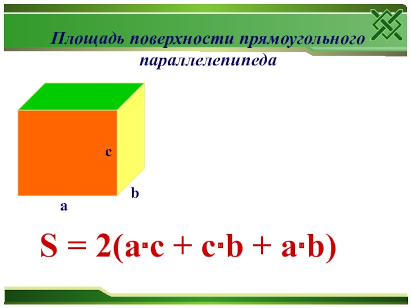 Площадь поверхности прямоугольного параллелепипеда S = 2(a∙c + c∙b + a∙b)