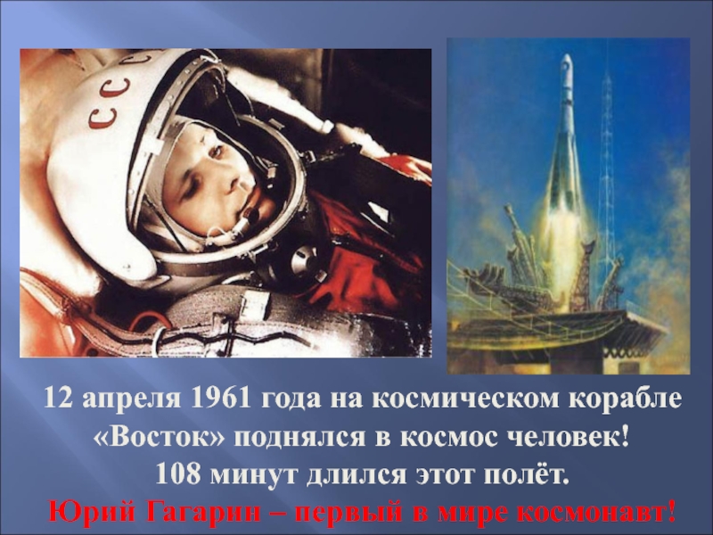Презентация 90 лет со дня рождения гагарина. Гагарин 12 апреля 1961. 12 Апреля 1961 года (полет ю.а. Гагарина. 12 Апреля первый полет человека в космос.
