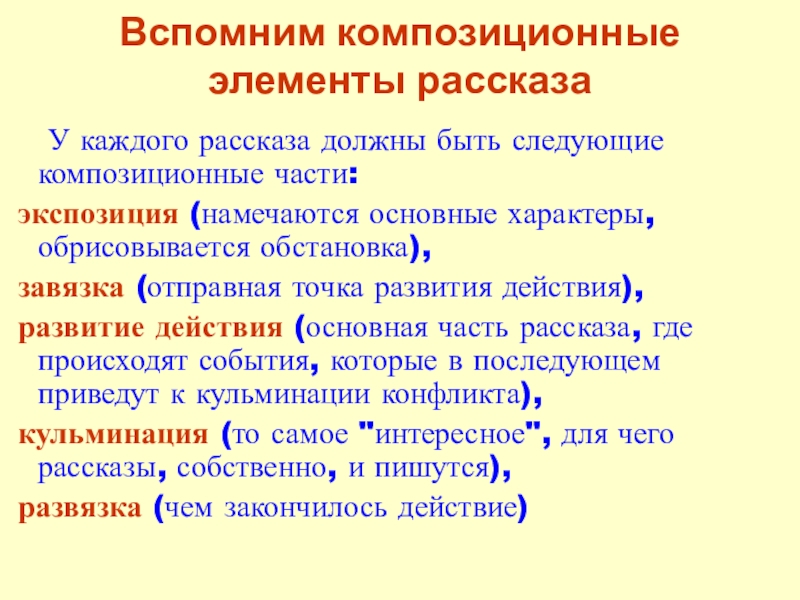 Вспомним композиционные элементы рассказа	У каждого рассказа должны быть следующие композиционные части: экспозиция (намечаются основные характеры, обрисовывается обстановка),