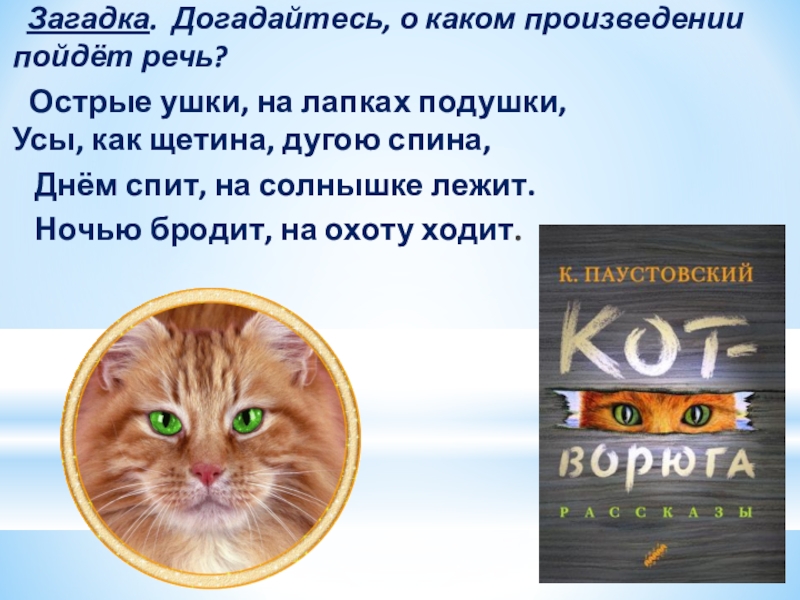 Загадка. Догадайтесь, о каком произведении пойдёт речь? Острые ушки, на лапках подушки,