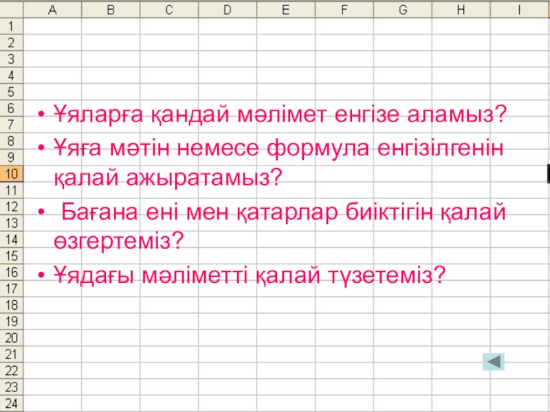 Ұяларға қандай мәлімет енгізе аламыз?Ұяға мәтін немесе формула енгізілгенін қалай ажыратамыз? Бағана ені мен қатарлар биіктігін қалай