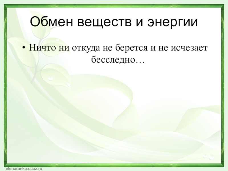 Обмен веществ и энергииНичто ни откуда не берется и не исчезает бесследно…