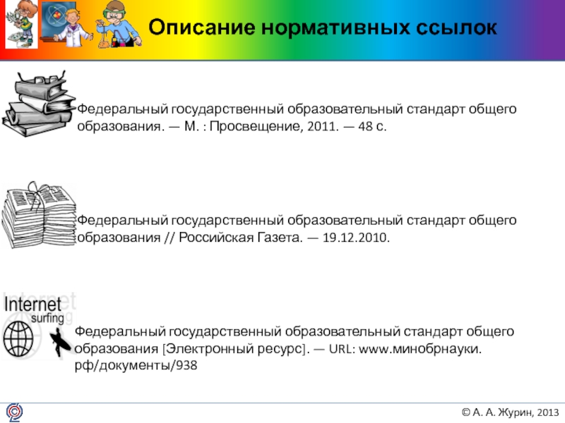 Описание нормативных ссылокФедеральный государственный образовательный стандарт общего образования. — М. : Просвещение, 2011. — 48 с.Федеральный государственный