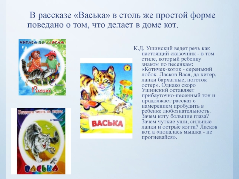 В рассказе «Васька» в столь же простой форме поведано о том, что делает в доме кот.