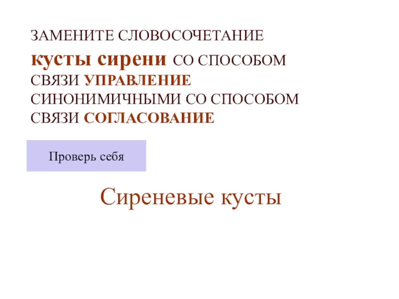 Замените словосочетание со связью управление синонимичными. Заменить словосочетание со связью согласование на управление. Управление словосочетание. Замена словосочетаний синонимичными со способом связи управления. Куст сирени синонимичное словосочетание.