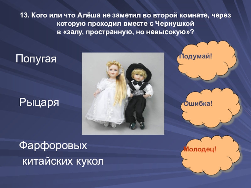 13. Кого или что Алёша не заметил во второй комнате, через которую проходил вместе с Чернушкой