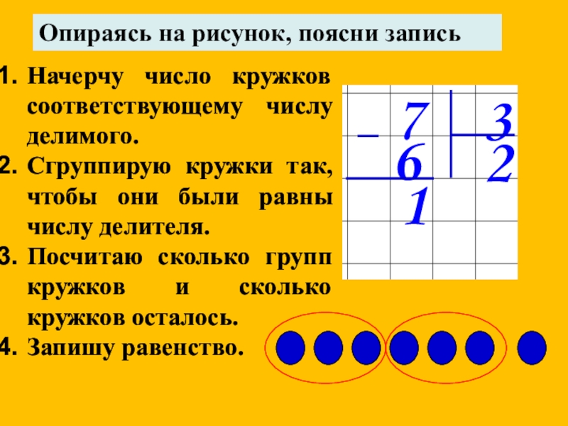 Объяснить изображение. Деление с остатком кружочки. Записать равенство кружки. Кружочки для деления с остатком 3 класс. Чертить числа.