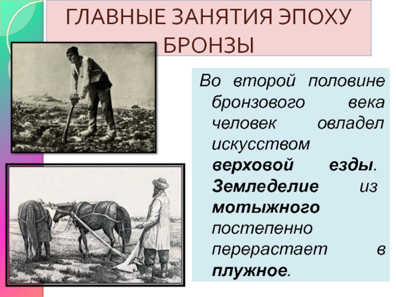 Основные занятия. Эпоха бронзы мотыжное земледелие. Плужное земледелие. Мотыжное и пашенное земледелие. Основные занятия в бронзовом веке.