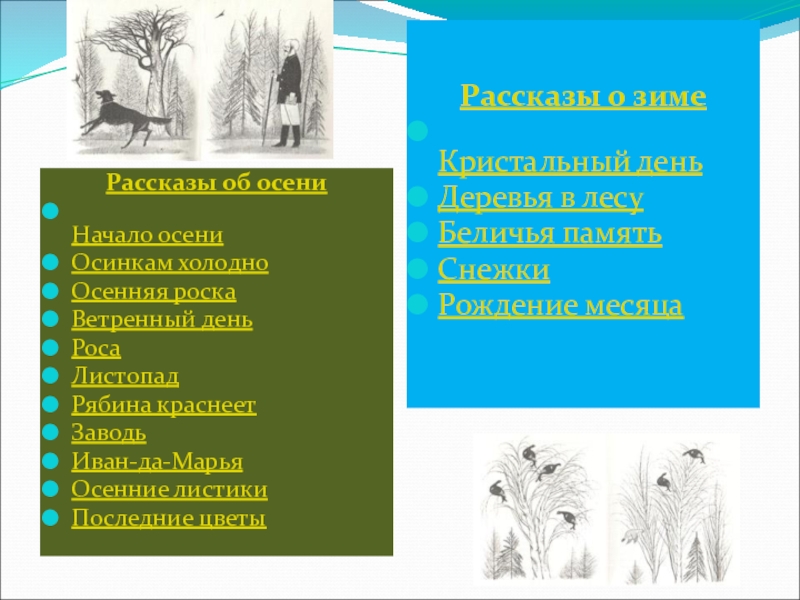 Рассказы об осени Начало осени Осинкам холодно Осенняя роска Ветренный день РосаЛистопадРябина краснеет ЗаводьИван-да-МарьяОсенние листики Последние цветыРассказы