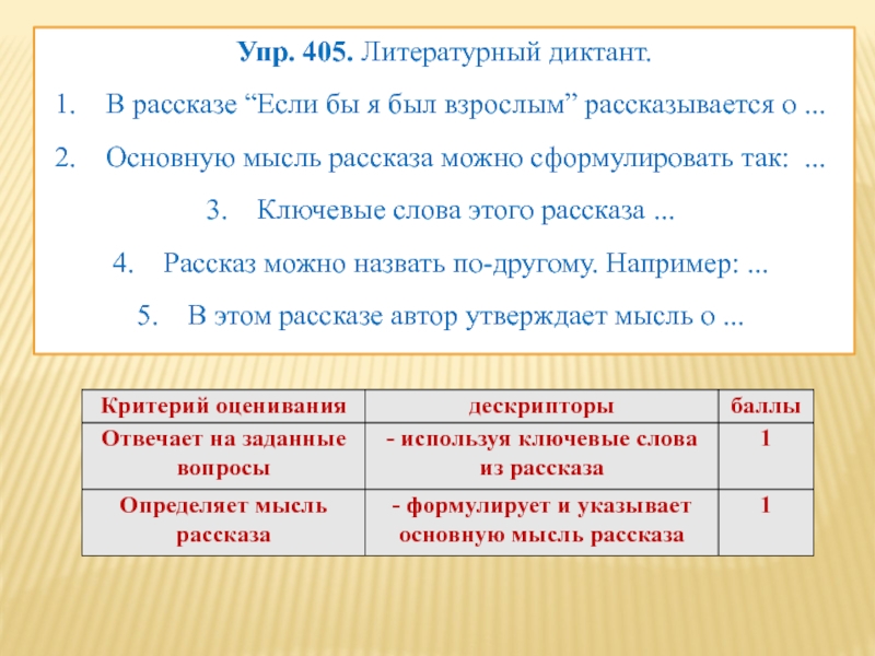 Упр. 405. Литературный диктант.В рассказе “Если бы я был взрослым” рассказывается о ...Основную мысль рассказа можно сформулировать