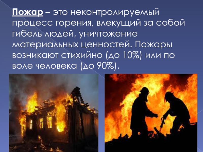 Пожар – это неконтролируемый процесс горения, влекущий за собой гибель людей, уничтожение материальных ценностей. Пожары возникают стихийно (до