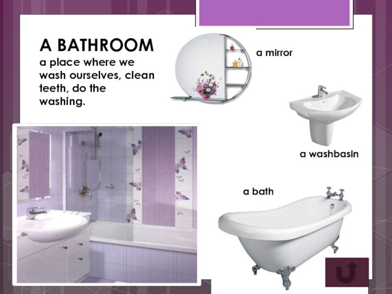 A BATHROOMa place where we wash ourselves, clean teeth, do the washing.a batha washbasina mirror