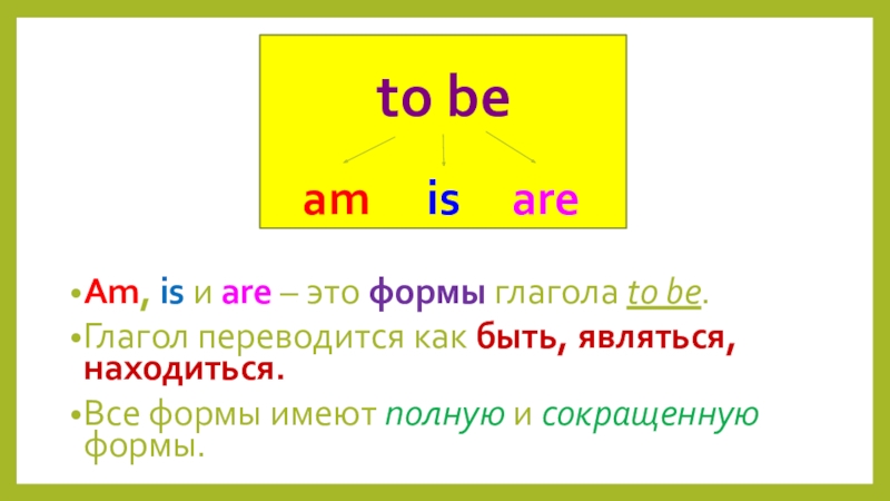 to beAm, is и are – это формы глагола to be.Глагол переводится как быть, являться, находиться.Все формы