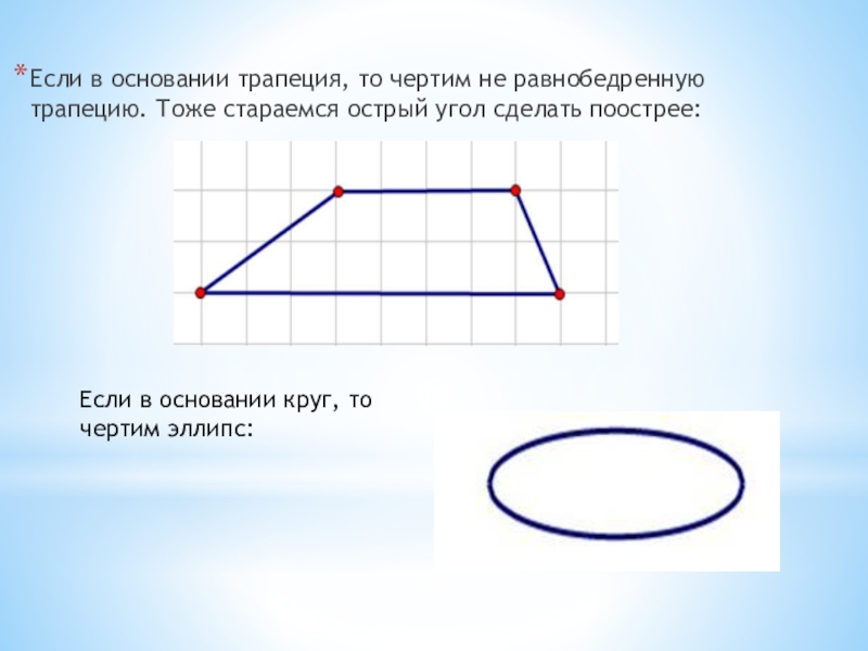 Если в основании трапеция, то чертим не равнобедренную трапецию. Тоже стараемся острый угол сделать поострее:Если в основании