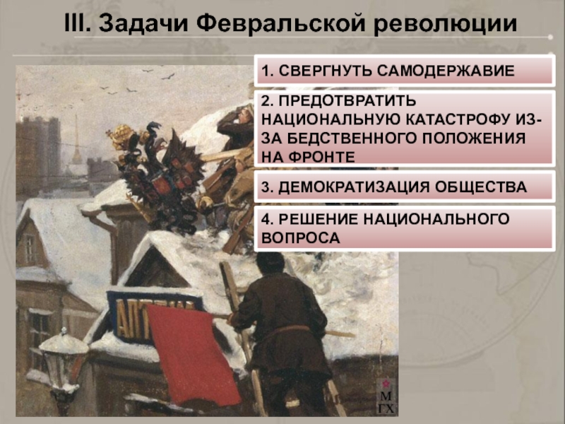 III. Задачи Февральской революции1. СВЕРГНУТЬ САМОДЕРЖАВИЕ2. ПРЕДОТВРАТИТЬ НАЦИОНАЛЬНУЮ КАТАСТРОФУ ИЗ-ЗА БЕДСТВЕННОГО ПОЛОЖЕНИЯ НА ФРОНТЕ3. ДЕМОКРАТИЗАЦИЯ ОБЩЕСТВА4. РЕШЕНИЕ